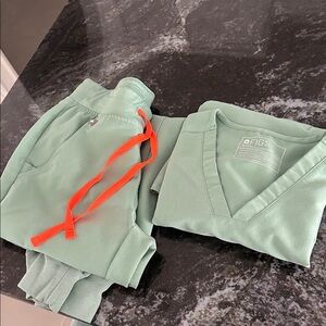 Figs top and pants set- Short Sleeve V-Neck Top and Jogger Pants- Soft Green